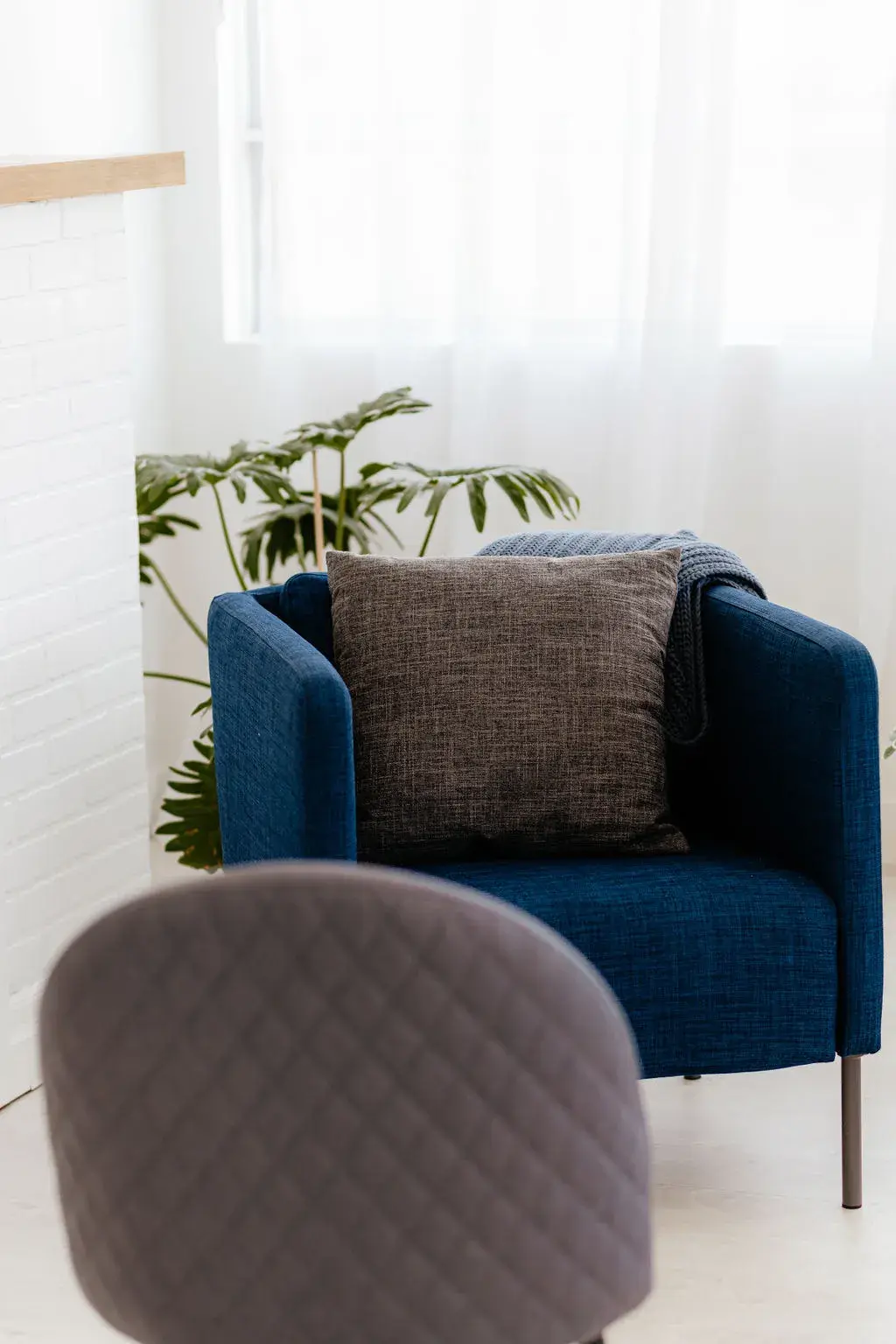 Blue armchair with a grey cushion and a knitted throw beside a potted plant and a sheer-curtained window